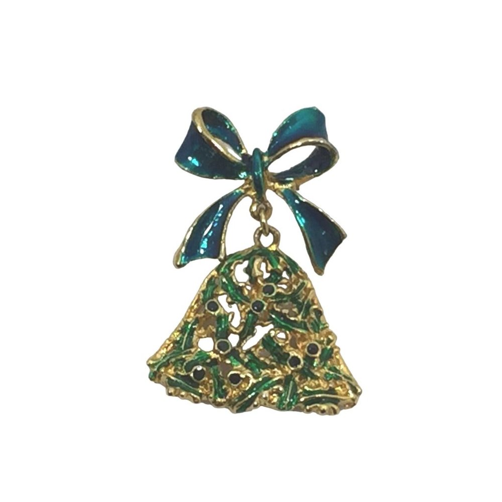 Vintage Goldtone Christmas Bell Brooch Pin Holiday Xmas Gren 26241